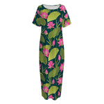 Hot Pink Lotus Pattern Print Short Sleeve Long Nightdress