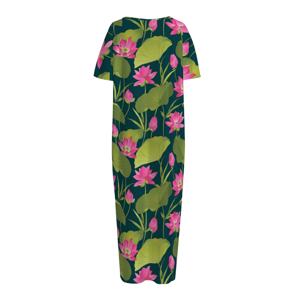 Hot Pink Lotus Pattern Print Short Sleeve Long Nightdress