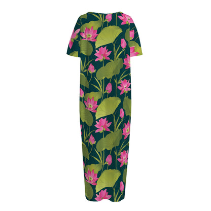 Hot Pink Lotus Pattern Print Short Sleeve Long Nightdress