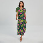Hot Pink Lotus Pattern Print Short Sleeve Maxi Dress