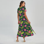Hot Pink Lotus Pattern Print Short Sleeve Maxi Dress