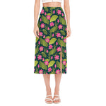Hot Pink Lotus Pattern Print Side Slit Midi Skirt