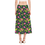 Hot Pink Lotus Pattern Print Side Slit Midi Skirt