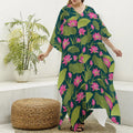 Hot Pink Lotus Pattern Print Silk V-Neck Kaftan Dress