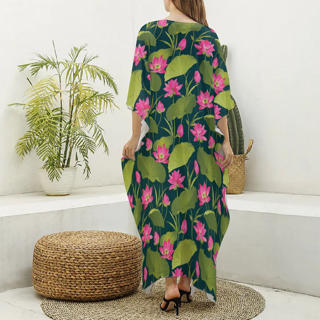 Hot Pink Lotus Pattern Print Silk V-Neck Kaftan Dress