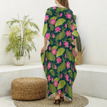 Hot Pink Lotus Pattern Print Silk V-Neck Kaftan Dress