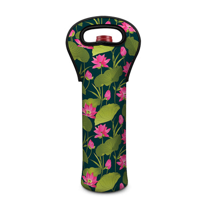 Hot Pink Lotus Pattern Print Single Neoprene Wine Tote