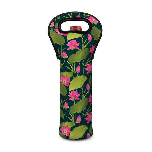 Hot Pink Lotus Pattern Print Single Neoprene Wine Tote