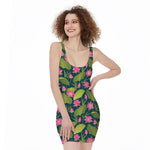 Hot Pink Lotus Pattern Print Sleeveless Bodycon Dress