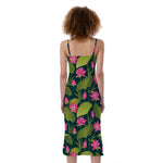 Hot Pink Lotus Pattern Print Slim Fit Midi Cami Dress