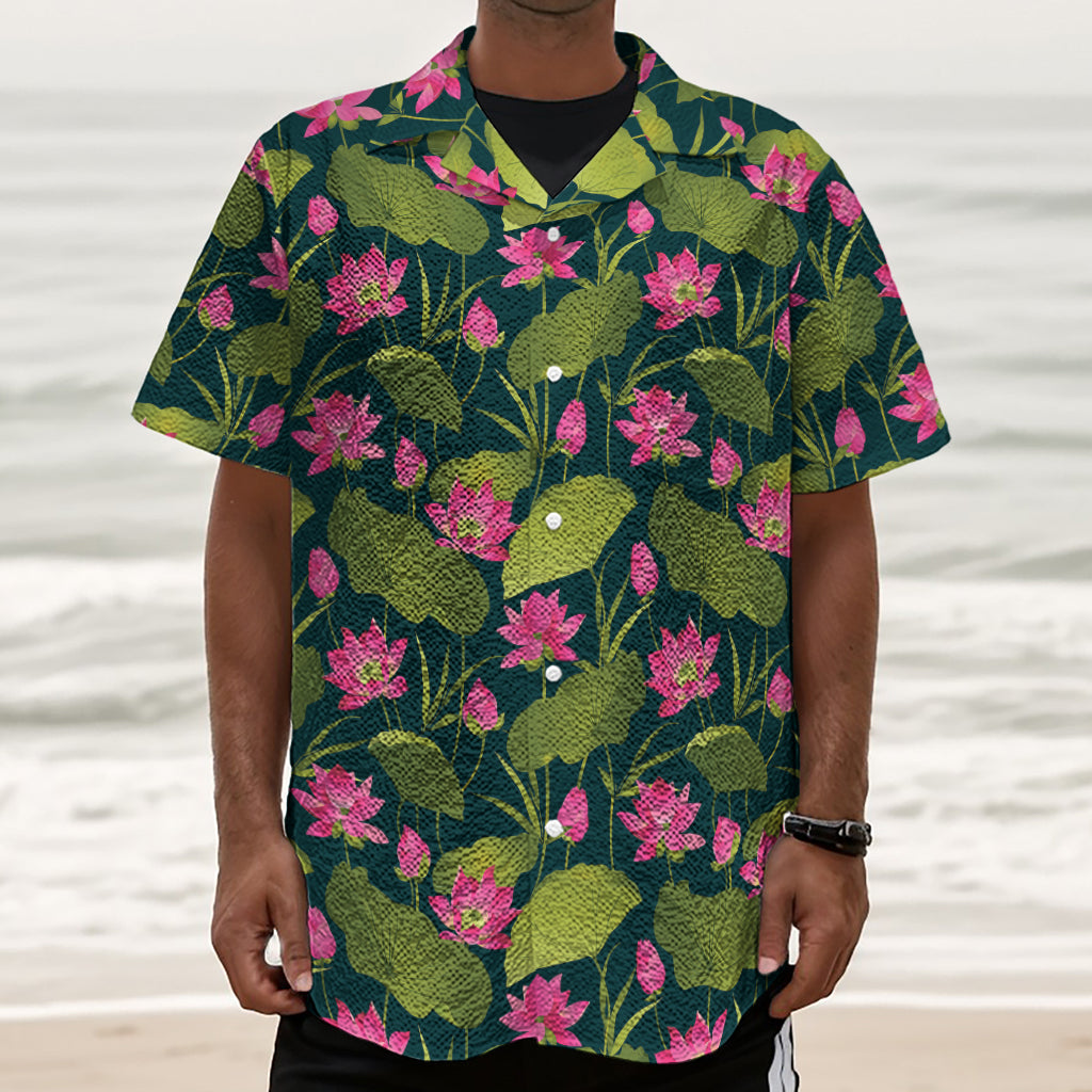 Hot Pink Lotus Pattern Print Textured Short Sleeve Shirt