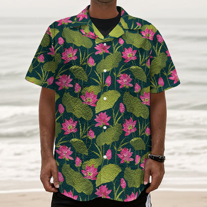 Hot Pink Lotus Pattern Print Textured Short Sleeve Shirt