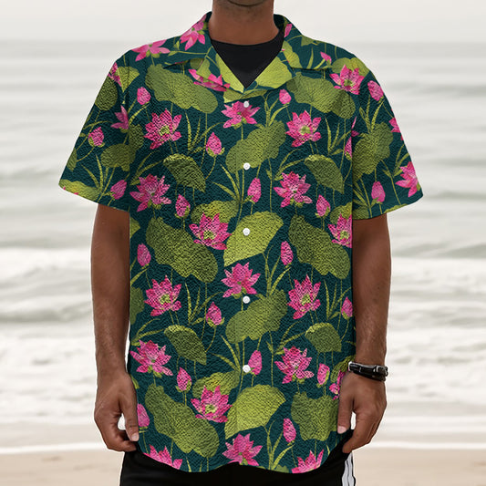 Hot Pink Lotus Pattern Print Textured Short Sleeve Shirt