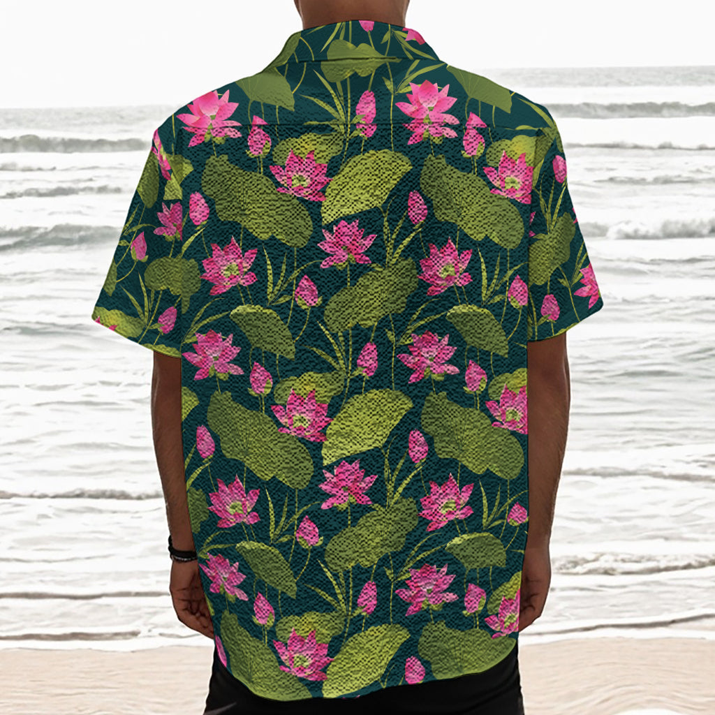 Hot Pink Lotus Pattern Print Textured Short Sleeve Shirt