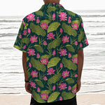 Hot Pink Lotus Pattern Print Textured Short Sleeve Shirt