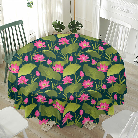 Hot Pink Lotus Pattern Print Waterproof Round Tablecloth