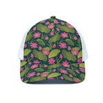 Hot Pink Lotus Pattern Print White Mesh Trucker Cap