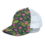 Hot Pink Lotus Pattern Print White Mesh Trucker Cap