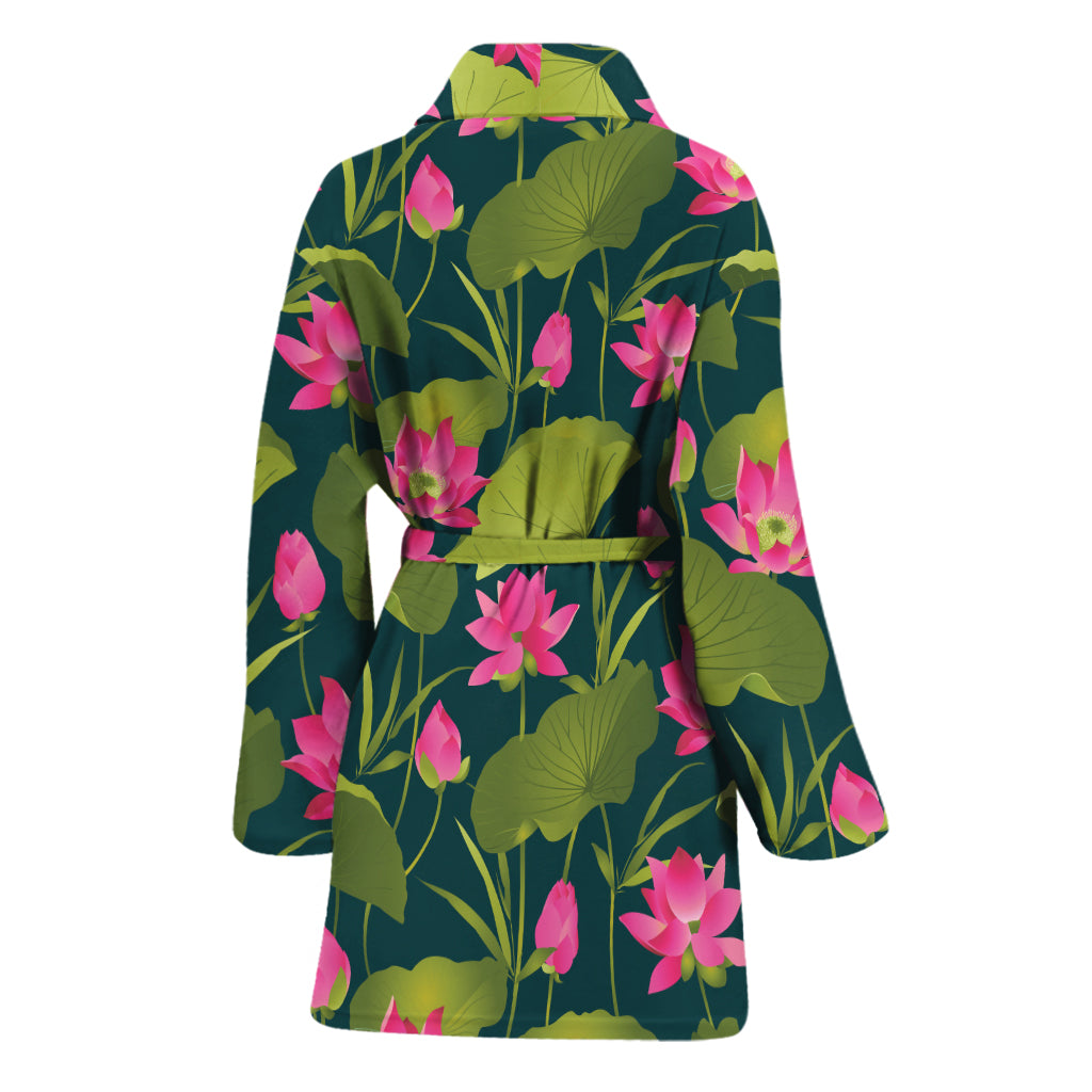 Hot Pink Lotus Pattern Print Women's Bathrobe