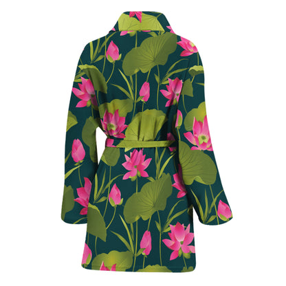 Hot Pink Lotus Pattern Print Women's Bathrobe