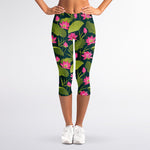 Hot Pink Lotus Pattern Print Women's Capri Leggings