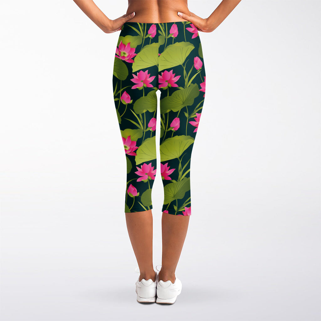 Hot Pink Lotus Pattern Print Women's Capri Leggings