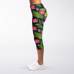 Hot Pink Lotus Pattern Print Women's Capri Leggings