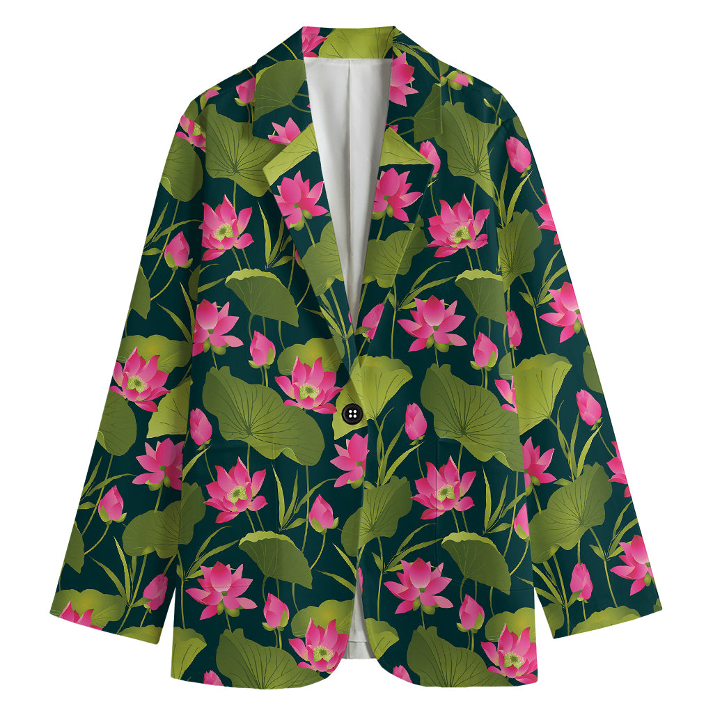 Hot Pink Lotus Pattern Print Women's Cotton Blazer