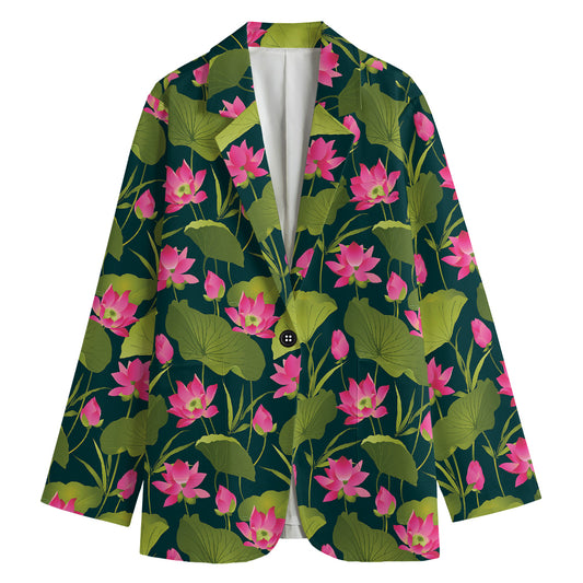 Hot Pink Lotus Pattern Print Women's Cotton Blazer