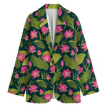 Hot Pink Lotus Pattern Print Women's Cotton Blazer