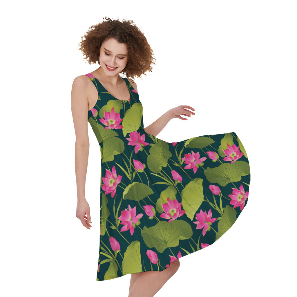 Hot Pink Lotus Pattern Print Women's Sleeveless Dress