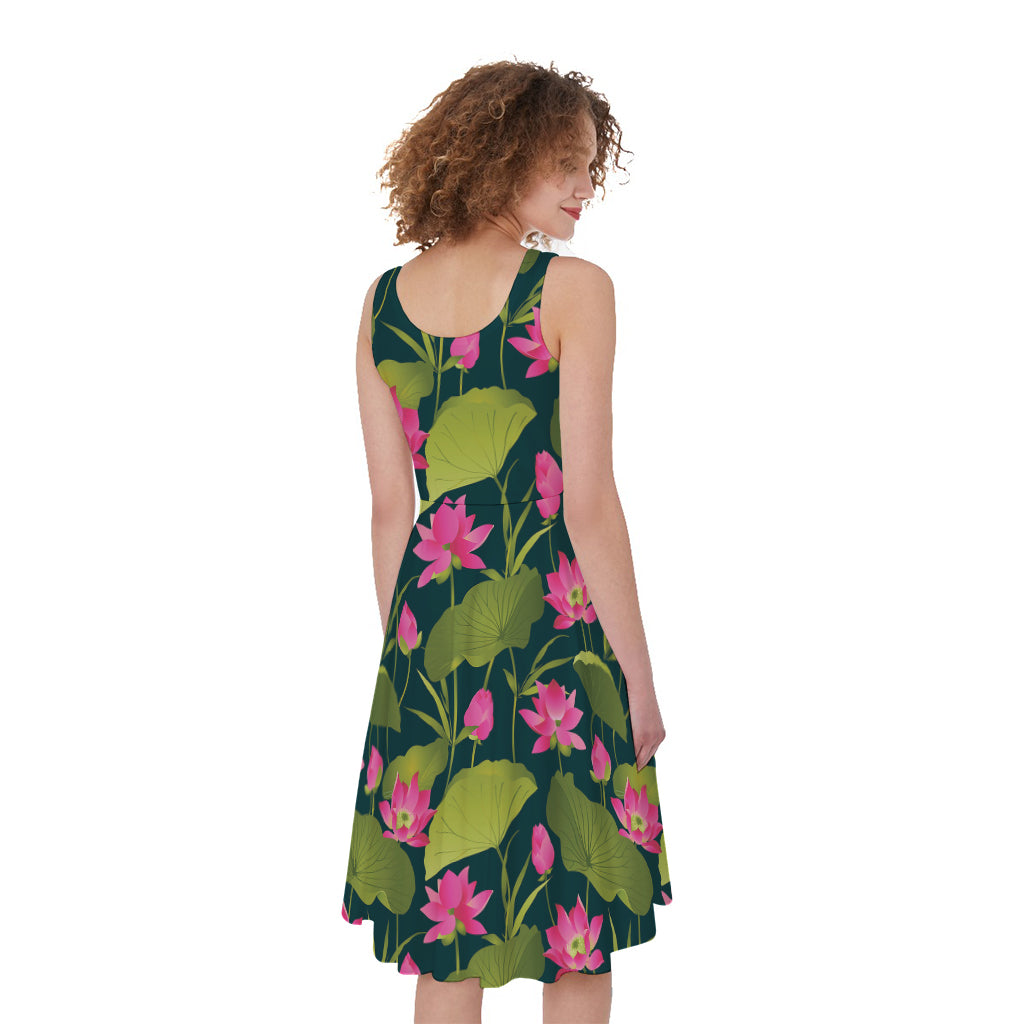 Hot Pink Lotus Pattern Print Women's Sleeveless Dress