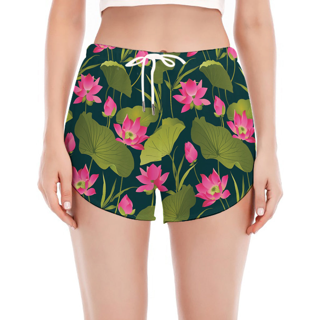 Hot Pink Lotus Pattern Print Women's Split Running Shorts
