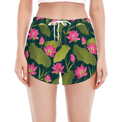 Hot Pink Lotus Pattern Print Women's Split Running Shorts