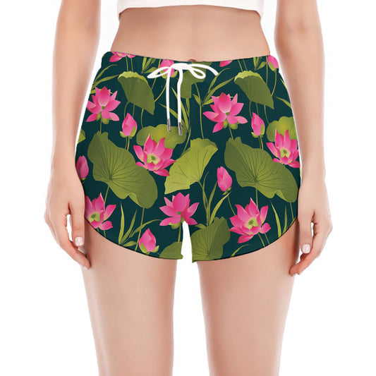 Hot Pink Lotus Pattern Print Women's Split Running Shorts