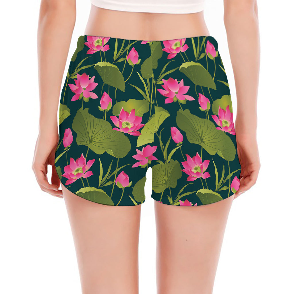 Hot Pink Lotus Pattern Print Women's Split Running Shorts