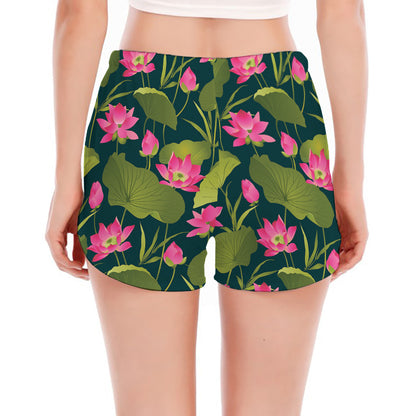 Hot Pink Lotus Pattern Print Women's Split Running Shorts