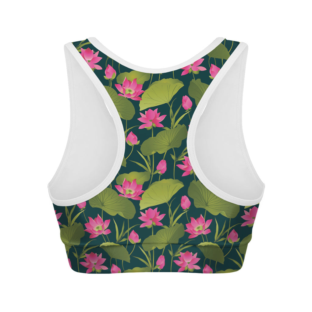 Hot Pink Lotus Pattern Print Women's Sports Bra