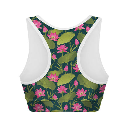 Hot Pink Lotus Pattern Print Women's Sports Bra
