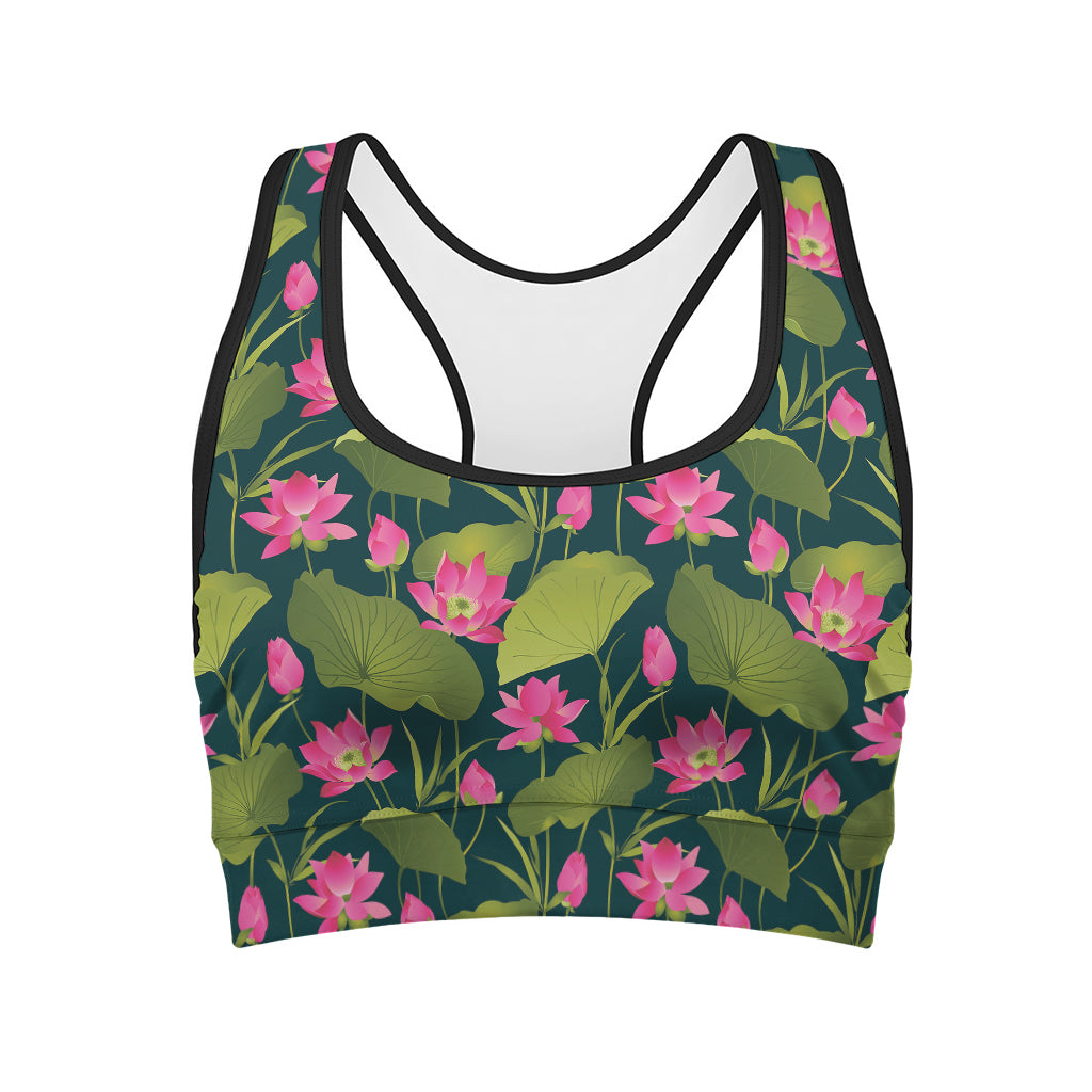 Hot Pink Lotus Pattern Print Women's Sports Bra
