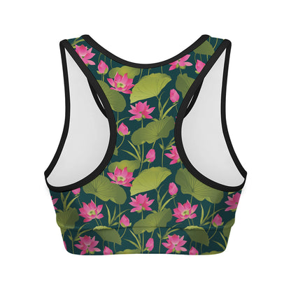 Hot Pink Lotus Pattern Print Women's Sports Bra