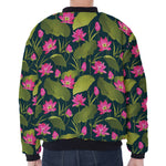 Hot Pink Lotus Pattern Print Zip Sleeve Bomber Jacket