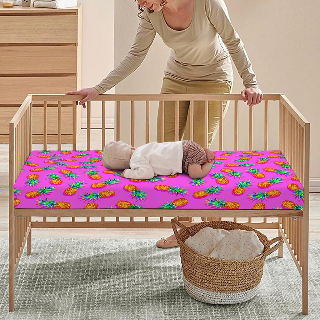 Hot Pink Pineapple Pattern Print Baby Crib Sheet