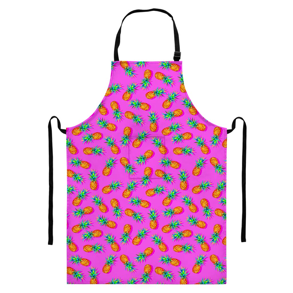 Hot Pink Pineapple Pattern Print Bib Apron With Pocket