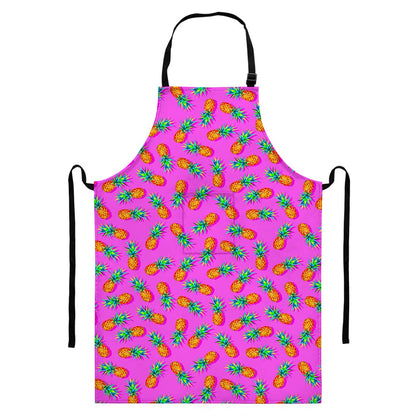 Hot Pink Pineapple Pattern Print Bib Apron With Pocket