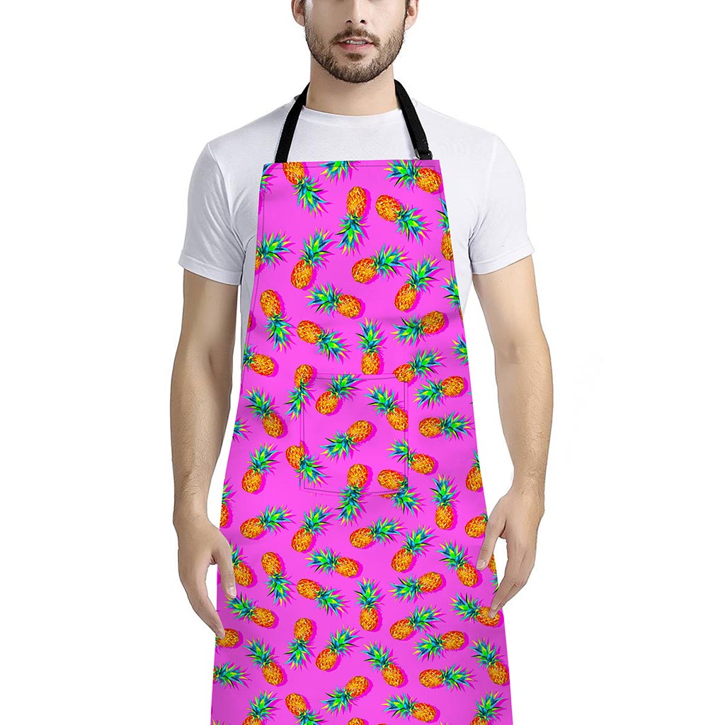 Hot Pink Pineapple Pattern Print Bib Apron With Pocket