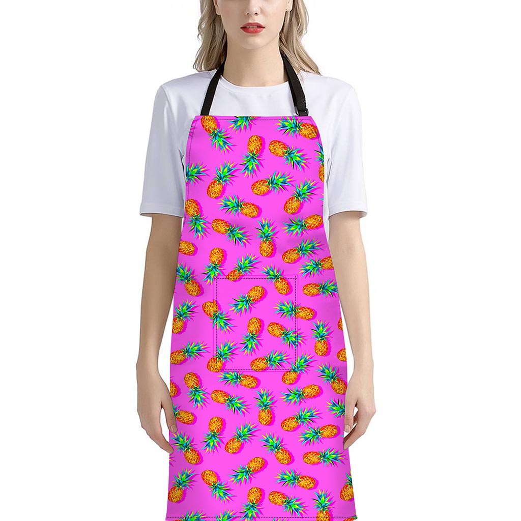 Hot Pink Pineapple Pattern Print Bib Apron With Pocket