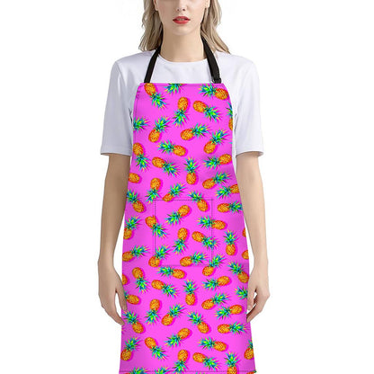 Hot Pink Pineapple Pattern Print Bib Apron With Pocket