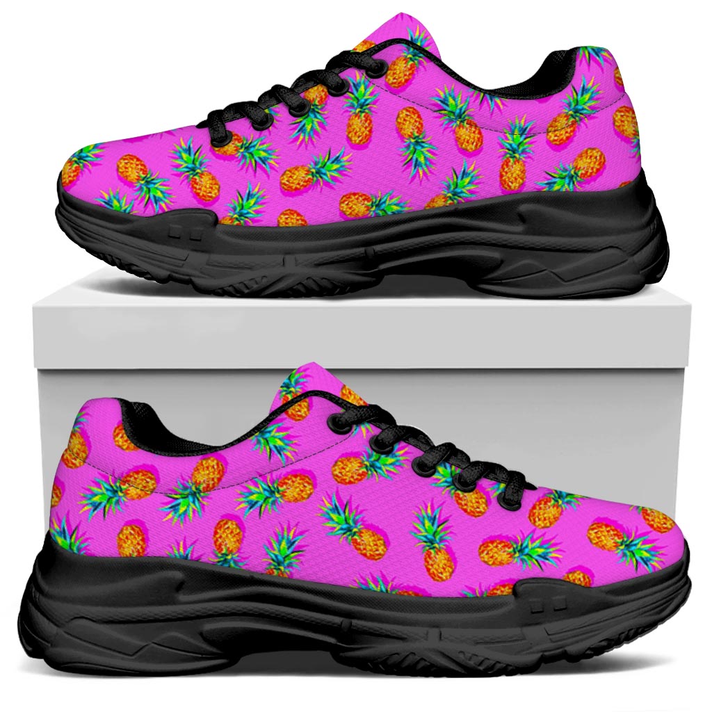 Hot Pink Pineapple Pattern Print Black Chunky Shoes