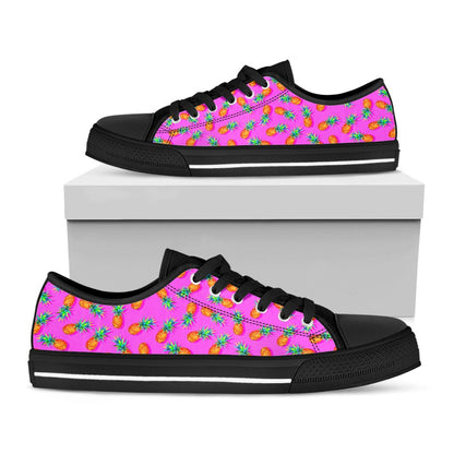 Hot Pink Pineapple Pattern Print Black Low Top Sneakers
